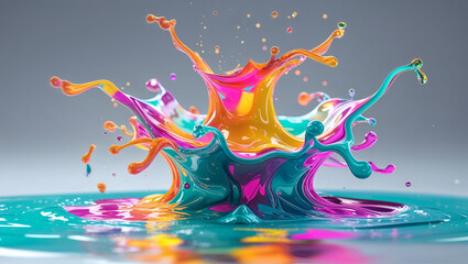 Vibrant Neon Liquid Splash Macro Photography Capturing High-Speed Droplet Collision