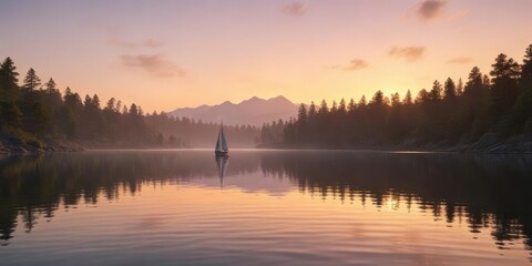 Obraz premium A lone sailboat gliding effortlessly across the calm waters of a serene lake at dawn , dawn, tranquil, sailing