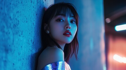 Fashion blockbuster, model, cold white skin, dark brown straight hair, silver reflective wide shoulder set, concrete textured pillars, blue LED light strip creates a futuristic silhouette.