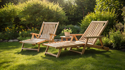 Wooden deck chairs in garden on sunny day