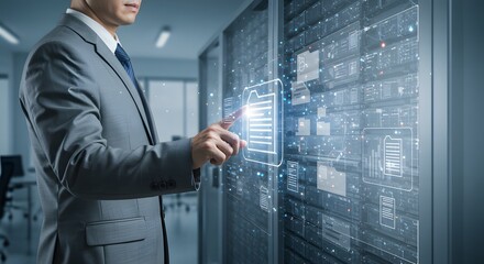 Businessman Interacting with Virtual Interface in High-Tech Data Center

