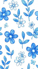 Obraz premium Blue floral pattern with various flowers and leaves on white background, creating fresh and vibrant design perfect for textiles or wallpapers