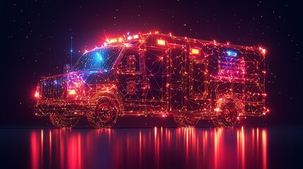 Abstract polygonal ambulance with glowing lights reflecting on dark surface.