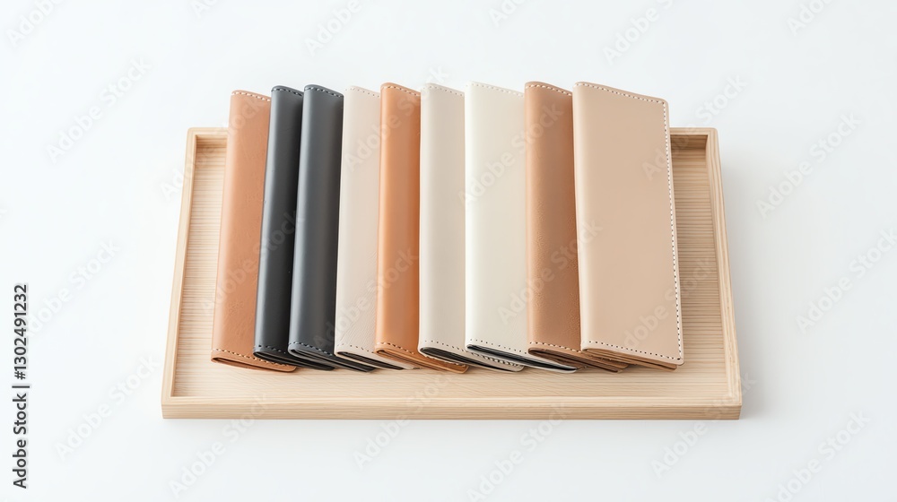 Poster stylish array of elegant neutral color notebooks arranged on a wooden tray.