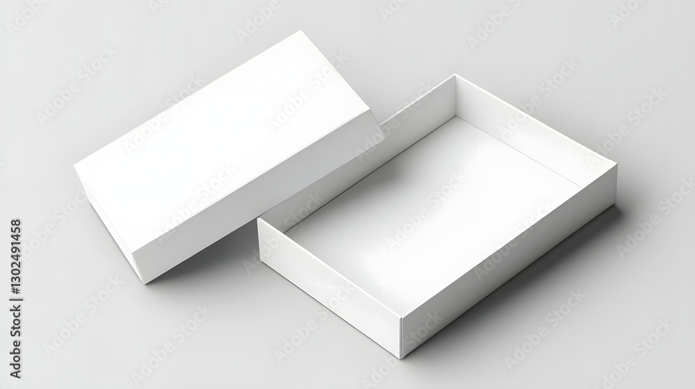 Poster minimalist white box open on a clean surface, showcasing empty space inside for storage or packaging
