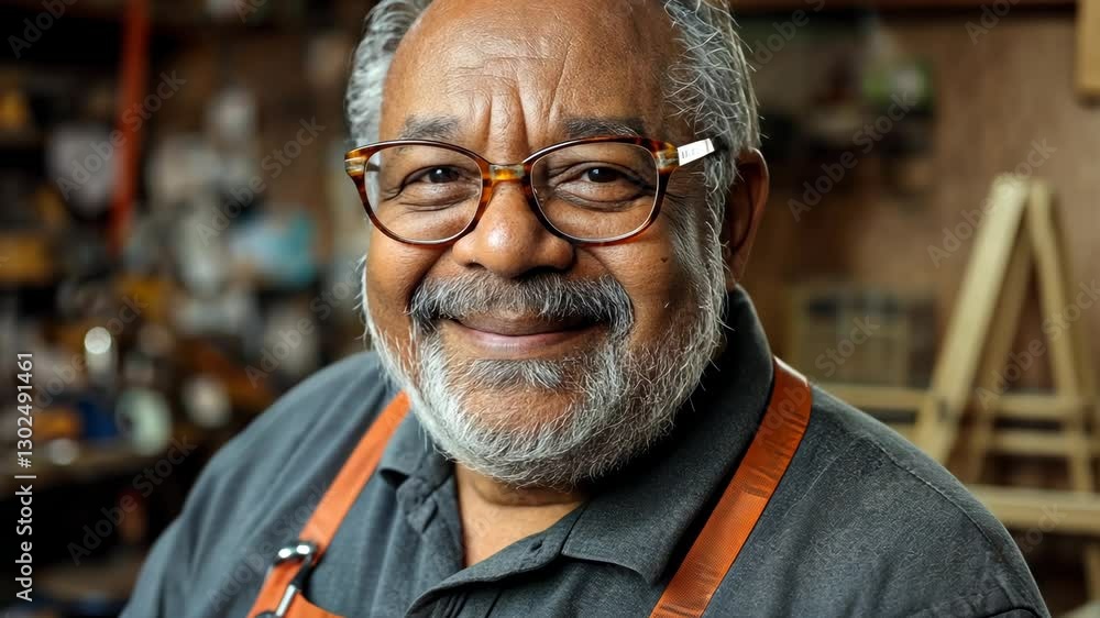 Aufkleber man with a beard and glasses is smiling and wearing a brown apron. he is standing in a workshop