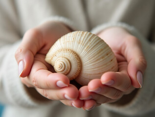 A beautiful close-up of a person gently holding a large seashell in their hands. The intricate details and natural texture of the shell stand out, evoking a sense of the ocean’s beauty and tranquility