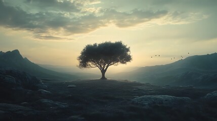 Solitary Tree Silhouette: A lone tree stands defiantly against a soft, muted sky, its silhouette a testament to resilience and the enduring power of nature. Capturing serenity.