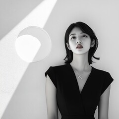 Minimalist portrait of a Korean model wearing a black asymmetrical cut dress, standing in front of a white geometric solid background wall, with a minimalist composition.