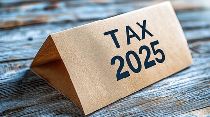 A wooden background showcasing a tax sign for the year 2025, symbolizing financial planning and fiscal responsibility.