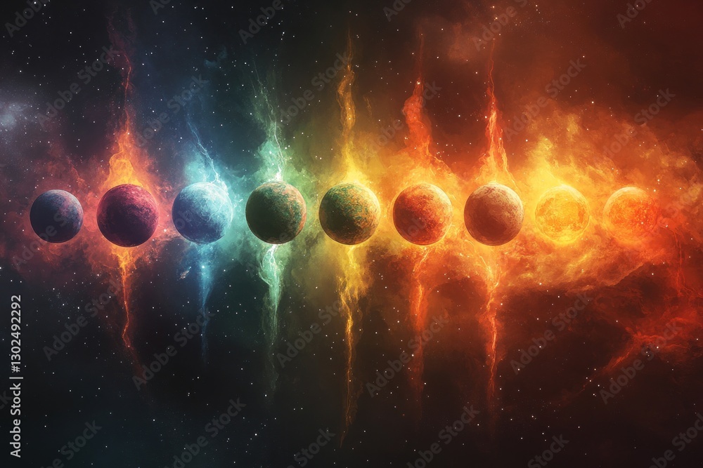 Poster a stunning display of planets arranged vertically in space, each radiating unique colors and surroun