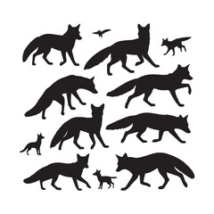 A collection of black fox silhouettes in various poses and stances, set against a plain white background