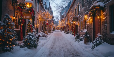 Obraz premium Christmas lights illuminating snowy street in quebec city, canada