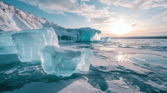 In winter, Baikal Lake ice forms, Russia, and the sun sets after the ice formation. Ice looks like large and small pieces of blue floating ice. Some ice clusters are covered with snow.