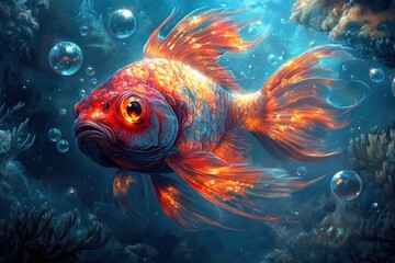 Brightly colored fish with shimmering red scales and vibrant orange eyes navigates a magical aquatic landscape filled with bubbles and coral