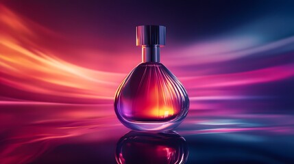 Ethereal Fragrance Essence: An exquisite perfume bottle, glistening with elegance, stands against a dynamic backdrop of radiant light, celebrating the allure of scent.