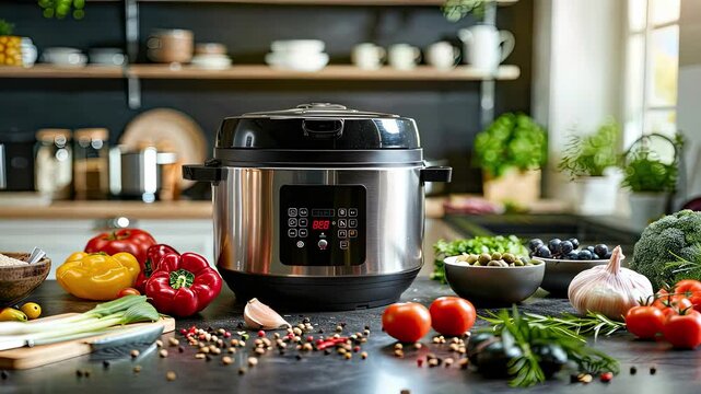 a slow cooker and vegetables on the table. Selective focus