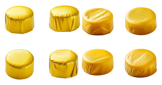Assorted Yellow Wax Paper Wrapped Round Cheese Products Display, Bundle Set Collection, Isolated on Transparent Background