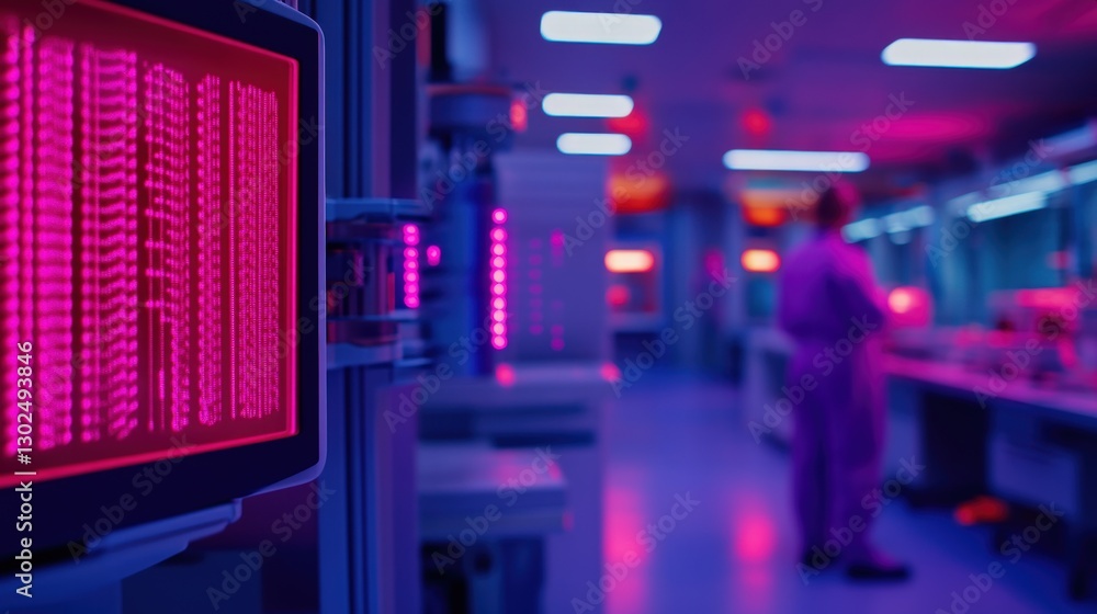Poster laboratory display shows data; scientist observes