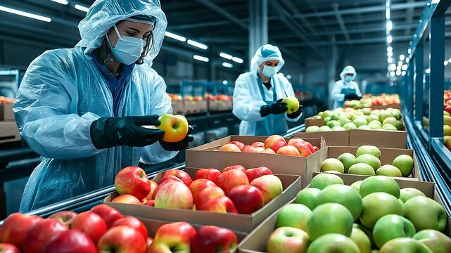 Workers in insulated gear inspecting boxes of fresh apples and kiwis as they move on a conveyor system in a chilled warehouse environment.