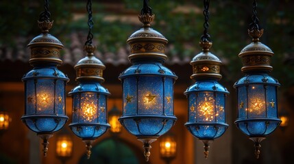 Obraz premium Five illuminated blue glass lanterns hang in a row, glowing warmly against a dark background.