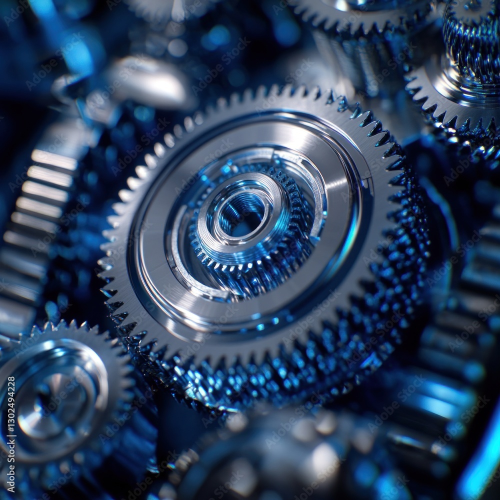 Poster close-up view of detailed blue gears and mechanical components, highlighting the complexity and beau