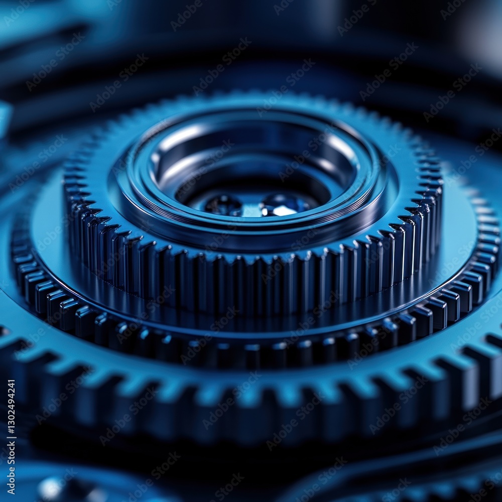 Poster detailed blue gears and cogs display their intricate design and mechanical functionality, emphasizin