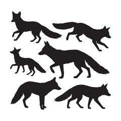 A collection of black fox silhouettes in various poses and stances, set against a plain white background