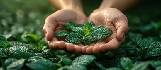 Close up of hands holding fresh mint leaves, vibrant green color, dewy leaves, natural light, outdoor setting, hands are wet, healthy looking mint plants, close up view, outdoor garden, fresh mint