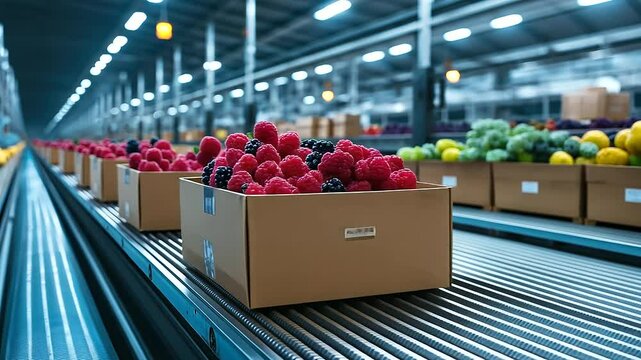 A vibrant array of fruits, including raspberries and blackberries, boxed and gliding smoothly along a conveyor line in a brightly lit warehouse.