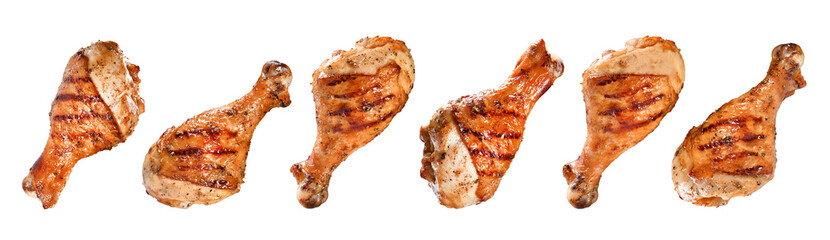 Grilled chicken legs, drumsticks isolated on a transparent background, Grilled chicken legs, drumsticks isolated on white background. PNG file