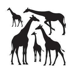 A minimalist vector illustration of a collection of black giraffe silhouettes in various poses.