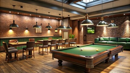 A pool table and comfortable seating area in the sports bar for a relaxing atmosphere, bars, tables
