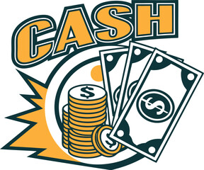 Cartoon Illustration of Cash, Coins, and Money