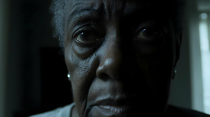 Elderly Woman with Intense Expression in Dimly Lit Room
