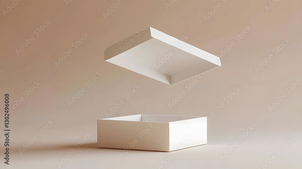 Aufkleber minimalistic open box with a floating lid against a soft beige background, ideal for packaging conce