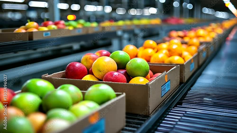 Poster a visually striking array of fruit boxes with vibrant labels on a conveyor belt, with cooling units 