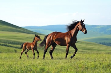 A brown horse and its foal run in the grassland. The background features rolling hills.