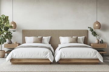 Sleek twin beds are positioned in a minimalist bedroom featuring earthy tones, natural decor, and ambient lighting for a tranquil atmosphere