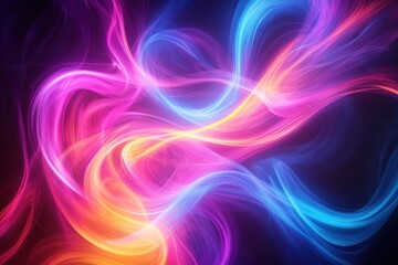 Colorful neon lights swirl and flow dynamically, creating an abstract background filled with vivid hues and energetic movement