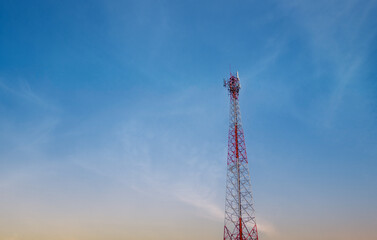 Telecommunication tower or Mobile phone tower with 5G cellular network . Global connection and...