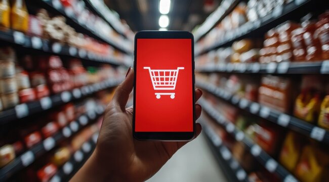 A hand grips a mobile phone displaying a red screen with a cart symbol, surrounded by shelves lined with various grocery items