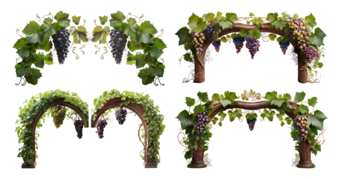 Decorative Grape Arches with Green Leaves for Event Styling, PNG bundle collection, Isolated on Transparent Background