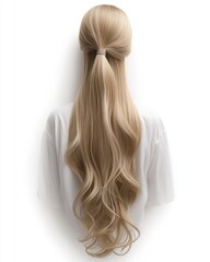 Naklejka premium Wavy blonde hair is styled in a long ponytail against a simple white background, highlighting modern hairstyling aesthetics