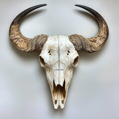 Fototapeta premium A buffalo skull with large curved horns, representing wildlife and rustic decor.