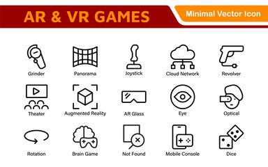 AR VR Games Icons Collection. Vector-Based Icons for Virtual Reality, Augmented Reality, Gaming, and Immersive Tech