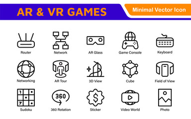 AR VR Games Icons Collection. Vector-Based Icons for Virtual Reality, Augmented Reality, Gaming, and Immersive Tech
