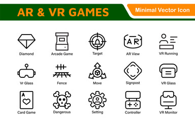 AR VR Games Icons Collection. Vector-Based Icons for Virtual Reality, Augmented Reality, Gaming, and Immersive Tech