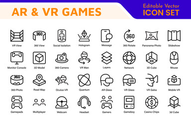 AR VR Games Icons Collection. Vector-Based Icons for Virtual Reality, Augmented Reality, Gaming, and Immersive Tech