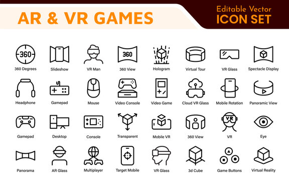 AR VR Games Icons Collection. Vector-Based Icons for Virtual Reality, Augmented Reality, Gaming, and Immersive Tech